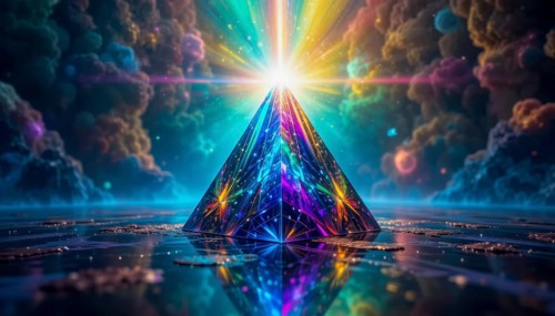 A vibrant, glowing pyramid radiates light in a surreal, colorful landscape with celestial clouds