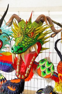 Kite festival, international kite festival, exhibition tent with Asian-style kite head, Dieppe,
