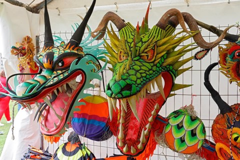 Kite festival, international kite festival, exhibition tent with Asian-style kite heads, Dieppe,