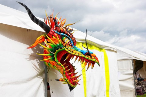 Kite festival, international kite festival, exhibition tent with Asian-style kite head, Dieppe,