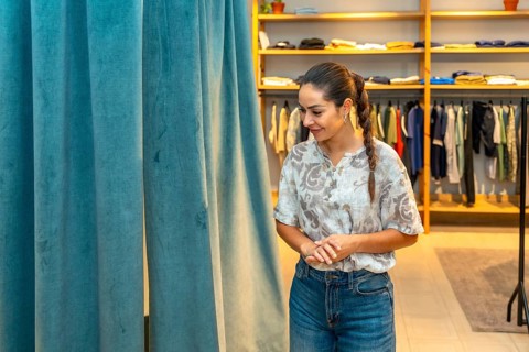 Woman trying on clothes in a store's dressing room, considering her purchase with a thoughtful