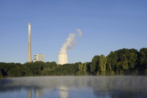 Beversee nature reserve and coal-fired power station in Bergkamen-Heil, Bergkamen, North