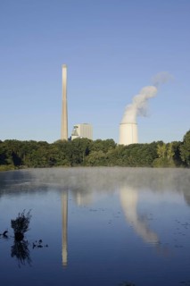 Beversee nature reserve and coal-fired power station in Bergkamen-Heil, Bergkamen, North