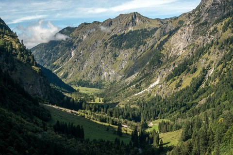 View of the Oytal valley and the Allgäu Alps, near Oberstdorf, Oberallgäu, Allgäu, Bavaria, Germany