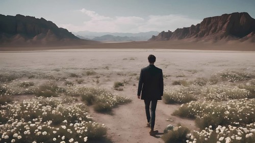 Man standing on dry cracked clay crust in desolate desert. Climate change and global warming. AI