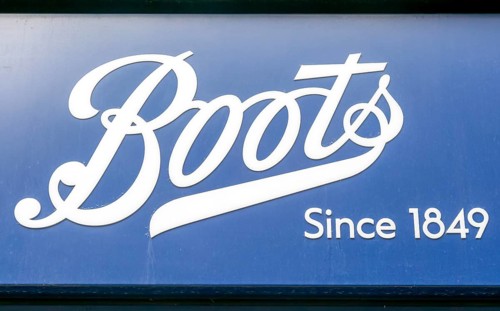 Close up of Boots chemists shop logo, Devizes, Wiltshire, England, UK trading since 1849
