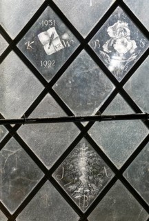 Glass engraved memorial panes, St Mary's church, Alton Barnes, Wiltshire, England, UK designed by