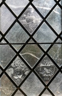 Glass engraved memorial panes, St Mary's church, Alton Barnes, Wiltshire, England, UK designed by