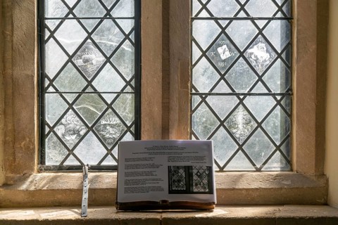 Glass engraved memorial panes, St Mary's church, Alton Barnes, Wiltshire, England, UK designed by