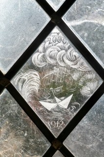 Glass engraved memorial panes, St Mary's church, Alton Barnes, Wiltshire, England, UK designed by