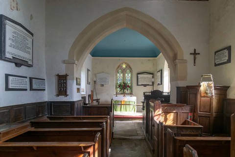 Interior of St Mary's church, Alton Barnes, Vale of Pewsey, Wiltshire, England, UK view from nave