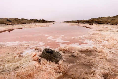 Pink salt flats with mineral-rich water in Sandwich Harbour, Namib-Naukluft National Park, Namibia.