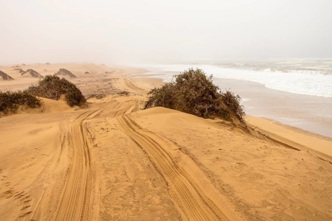 Golden dunes and the Atlantic Ocean near Namib-Naukluft Park, Namibia. A lagoon and shoreline fade