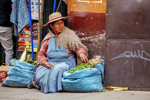Woman in traditional dress selling vegetables on the street in Peru, Bolivian Indio woman selling