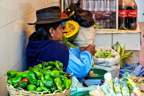 A woman sells vegetables at a market surrounded by colourful ingredients and objects, market stall