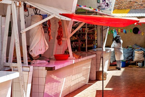 Market stall with meat on display, under a red sunshade, woman in the background, bright sunny day,