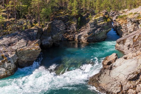 Ridderspranget, gorge in the river Sjoa, Jotunheimen mountains, Randsverk, Innlandet, Norway