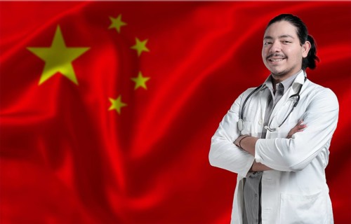 China Health and Care concept. Male doctor on China flag. Doctor with crossed arms on China flag