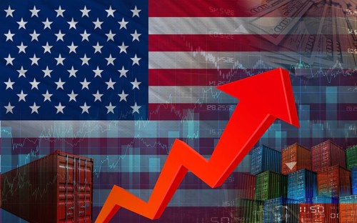 Concept of export tariffs on the United States flag. Boom in international trade and business in