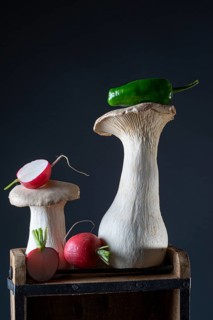 oyster mushrooms with radishes and chillies on a wooden crate against a dark background