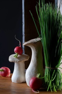 oyster mushrooms with radishes and chives in front of a wooden crate with a dark background