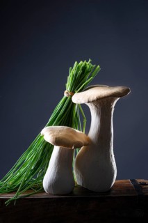 oyster mushrooms with chives against a dark background