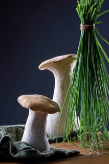 oyster mushrooms with chives against a dark background