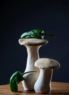oyster mushrooms with chillies against a dark background