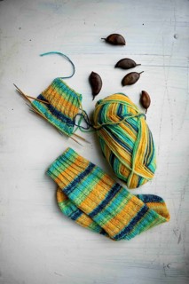 Coloured wool with started knitted sock