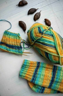 Coloured wool with started knitted sock