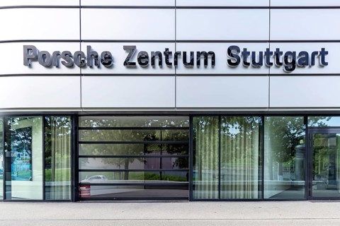 Porsche Centre. Writing at Autohaus am Pragsattel in Stuttgart, Baden-Württemberg, Germany
