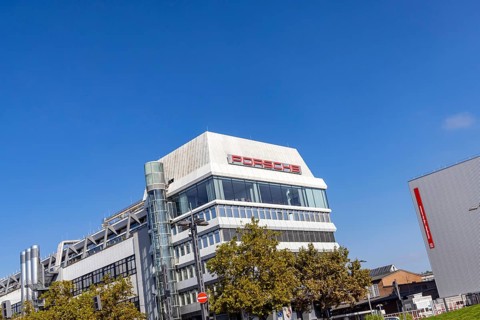 Porscheplatz in Stuttgart Zuffenhausen. Porsche headquarters with company logo. Stuttgart,