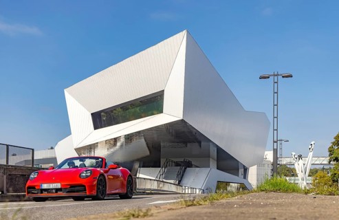 Porsche Museum Stuttgart, rear view. Sports car from Porsche. Zuffenhausen, Stuttgart,