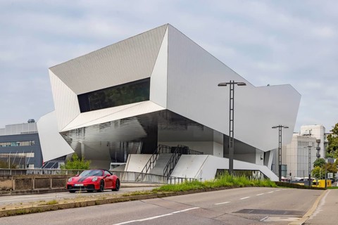 Porsche Museum Stuttgart, rear view. Sports car from Porsche. Zuffenhausen, Stuttgart,