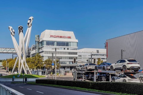 Porscheplatz with Porsche headquarters. Inspiration 911 artwork by Gerry Judah: three steles, each