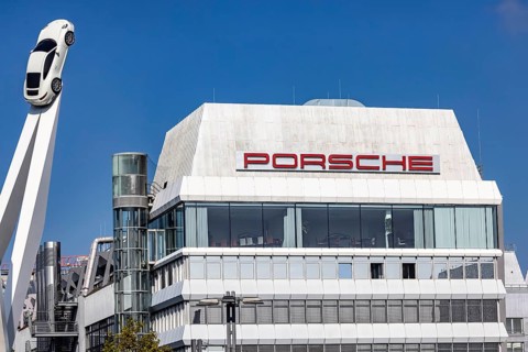 Porscheplatz in Stuttgart Zuffenhausen. Porsche headquarters with company logo. Stuttgart,