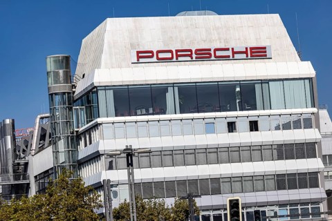 Porscheplatz in Stuttgart Zuffenhausen. Porsche headquarters with company logo. Stuttgart,