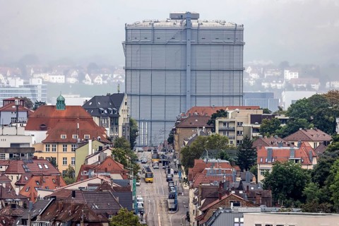 City view of Stuttgart. Hackstraße with gas boiler. and light rail vehicles of the SSB. Stuttgart,