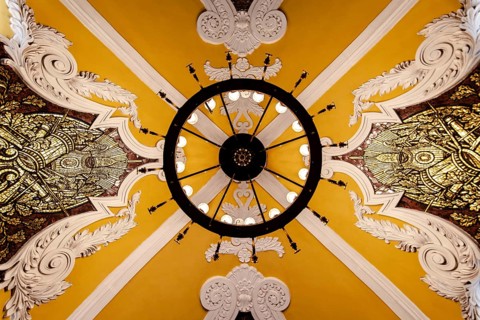 Moscow, underground, ceiling, palace, chandelier, art, symmetry, architecture, tsarist era