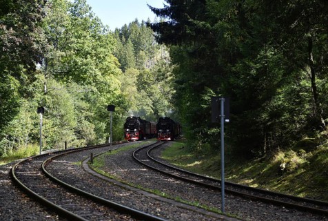 Double run, parallel run, double exit of two steam locomotives of the Harz narrow-gauge railway,