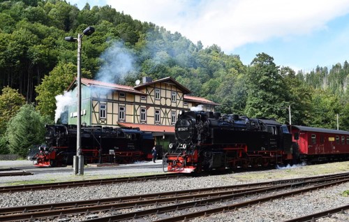 Two steam locomotives of the Harz narrow-gauge railway stand at Eisfelder Talmühle station,
