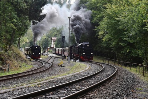 Double run, parallel run, double exit of two steam locomotives of the Harz narrow-gauge railway,