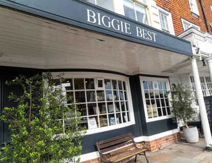 Frontage of Biggie Best homewares shop on High Street, Marlborough, Wiltshire, England, UK