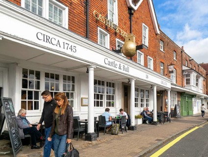Frontage of historic building, Castle and Ball hotel public house, Marlborough, Wiltshire, England,