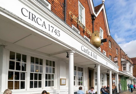 Frontage of historic building, Castle and Ball hotel public house, Marlborough, Wiltshire, England,