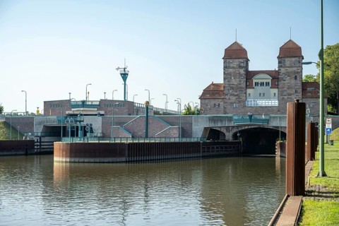 Technical lock system with towers and water channel in summer conditions, Minden waterway junction,