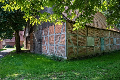 Half-timbered brick house along a shady path surrounded by large trees, Weser cycle path,