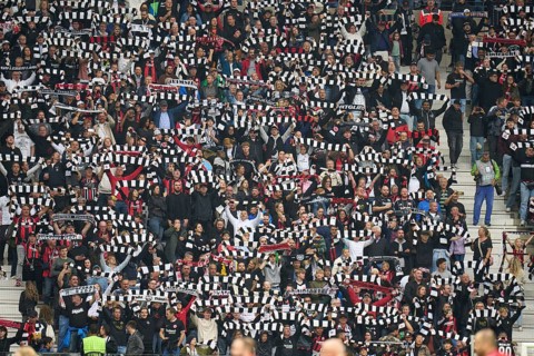 Football Bundeliga Eintracht Frankfurt-Union Berlin.fans of Eintracht Frankfurt show their scarves