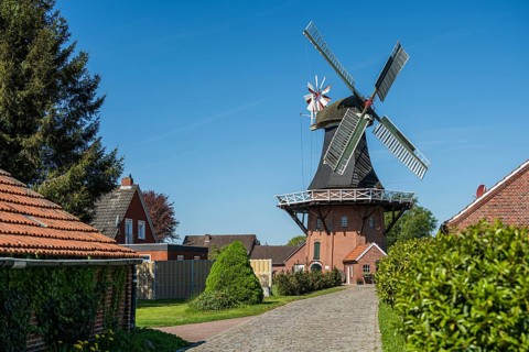 Windmill and houses in a quiet village under a blue sky, surrounded by trees, Windmill near Weener