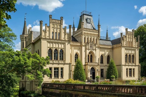 A magnificent Gothic-style castle surrounded by green trees and blossoming nature, Schloss